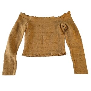 Aeropostale Camel Smocked Off-The-Shoulder Long Sleeve Top – Women’s Medium